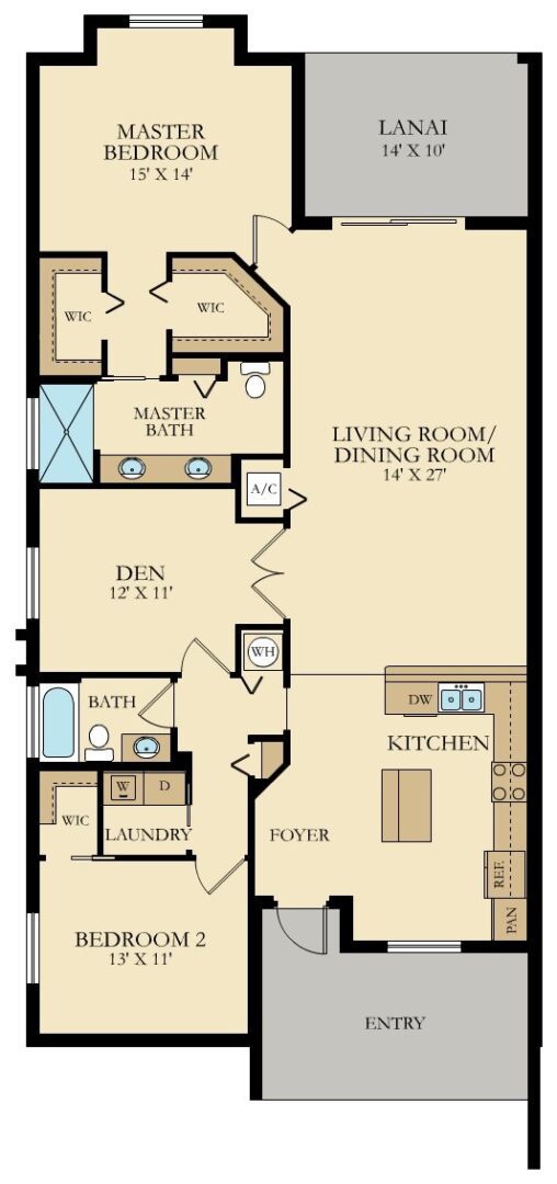 A floor plan of the two bedroom apartment.