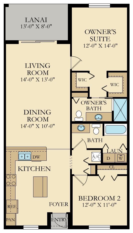 A floor plan of the apartment with a living room, dining and kitchen.