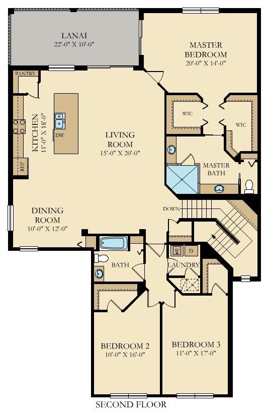 A floor plan of a house with stairs leading to the second level.