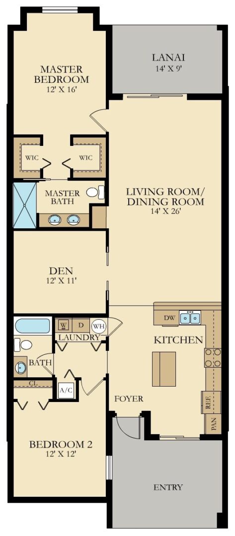 A floor plan of a house with a den and kitchen.