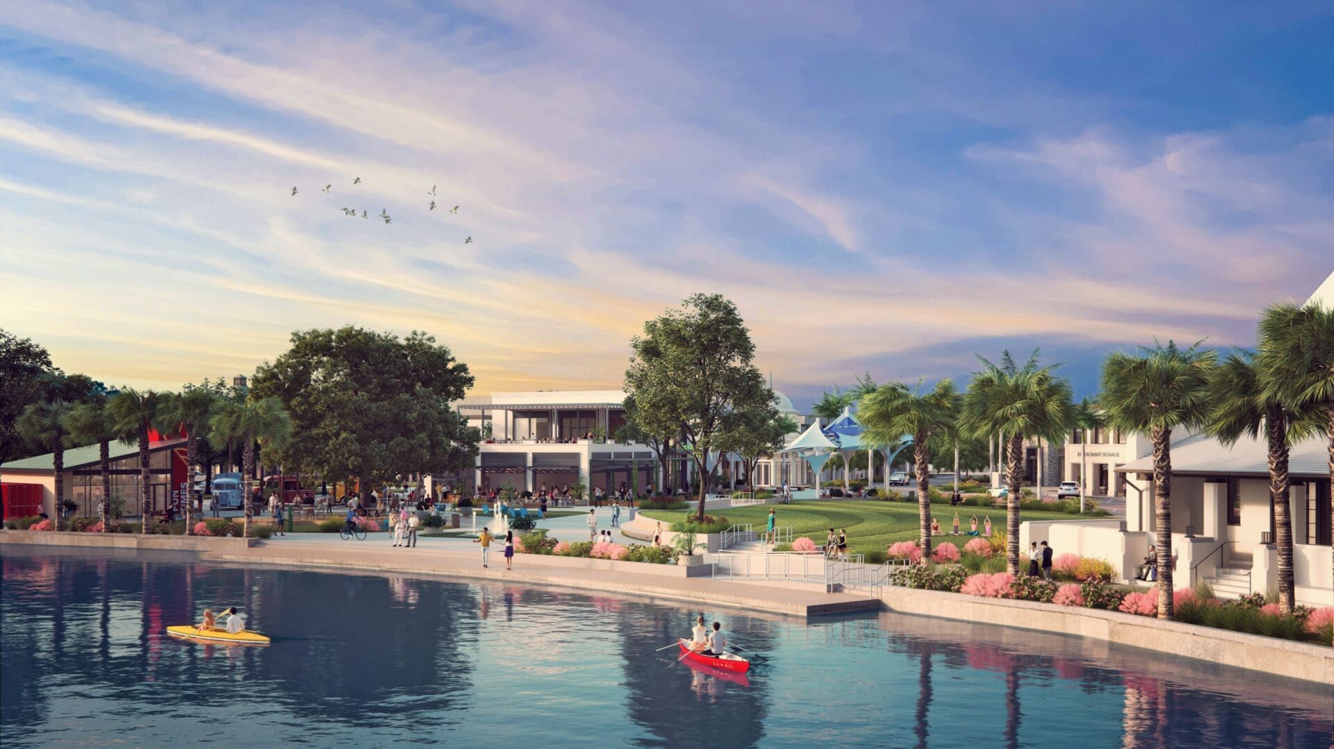 A rendering of the pool area at sunset.