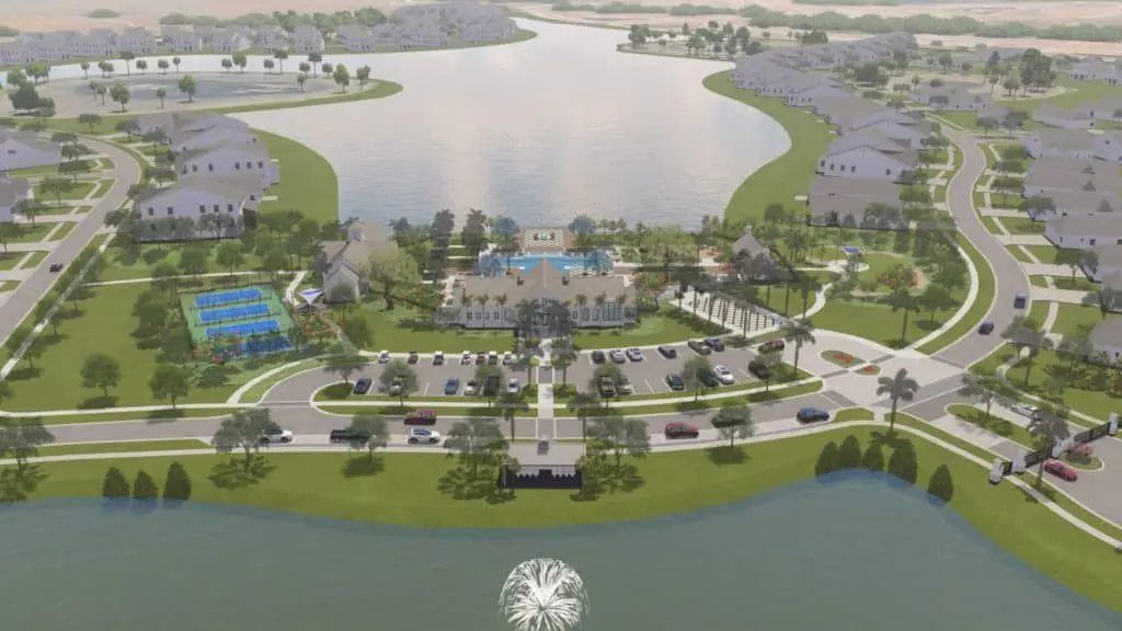 A rendering of the lake front area at a resort.