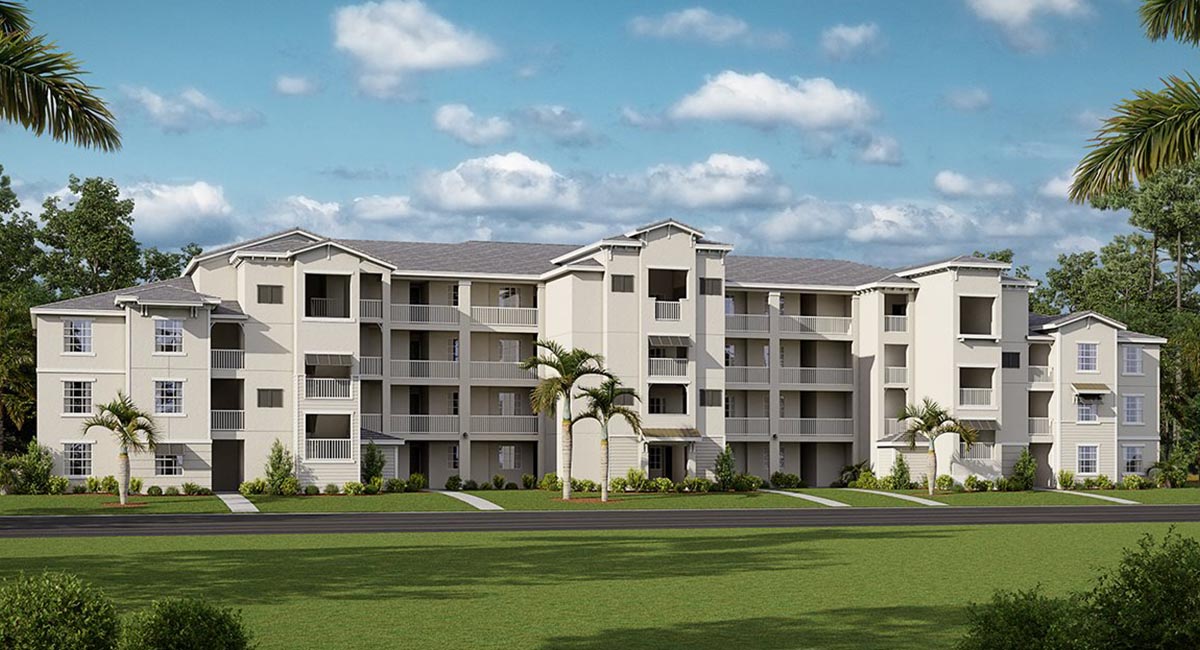 A rendering of the exterior of an apartment complex.