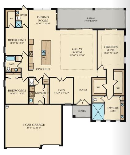 A floor plan of a house with three rooms.