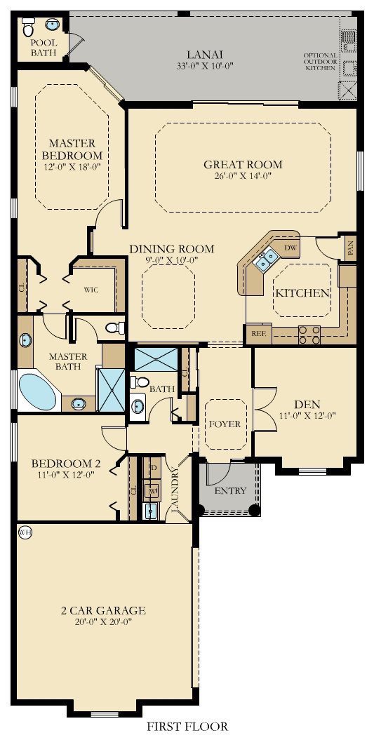 A floor plan of a house with two bathrooms.